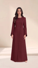 The Lamees Asymmetric Button Abaya, in Burgundy, front view