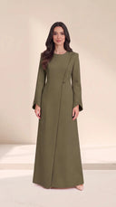The Lamees Asymmetric Button Abaya, in Green, front view