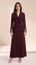 The Lubna Pearl Split Sleeve Abaya, in Burgundy, front view