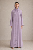 The Lulwa Beaded Floral Vine Abaya, in Light Purple, front view