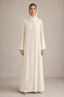 The Lulwa Beaded Floral Vine Abaya, in Off White, front view