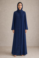 The Lulwa Beaded Floral Vine Abaya, in Navy, front view