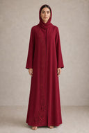 The Lulwa Beaded Floral Vine Abaya, in Burgundy, front view