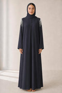 The Mounira Pearl Fringe Shoulder Abaya, in Navy, front view