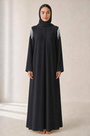 The Mounira Pearl Fringe Shoulder Abaya, in Black, front view