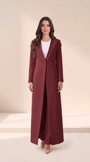 The Nahla Buttoned Shoulder Tab Abaya, in Burgundy, front view