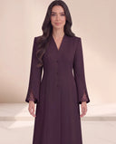 The Nidaa Pearl Mesh Split Cuff Abaya, in Dark Purple, front view