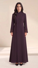 The Nouran Lattice Cutout Cuff Abaya, in Dark Purple, front view