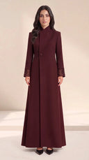 The Nouran Lattice Cutout Cuff Abaya, in Burgundy, front view
