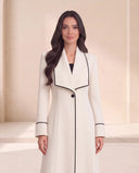 The Nuha Piped Wide Lapel Abaya, in Off White, front view