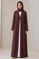 The Reham Floral Embellished Clasp Abaya, in Burgundy, front view