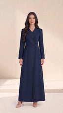 The Roaa Tiered Asymmetric Button Abaya, in Navy, front view