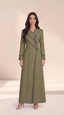 The Roaa Tiered Asymmetric Button Abaya, in Sage, front view