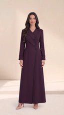 The Roaa Tiered Asymmetric Button Abaya, in Dark Purple, front view