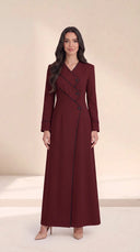 The Roaa Tiered Asymmetric Button Abaya, in Burgundy, front view
