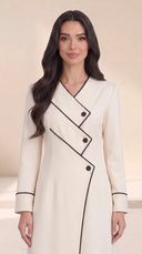 The Roaa Tiered Asymmetric Button Abaya, in Off White, front view