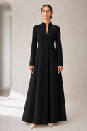 The Ruba Floral Appliqué Collar Abaya, in Black, front view