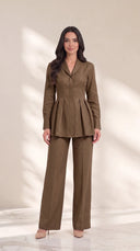 The Ruqaya Pleated Peplum Set, in Mocha Brown, front view