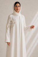 The Sabreen 3D Floral Shoulder Abaya, in Off White, model view