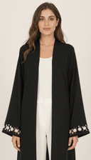 The Salwa Minimal Open Abaya with Floral Cutwork Cuffs - TAL by The Abaya Lab