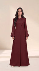 The Sawsan Curved Wrap Collar Abaya, in Burgundy, front view