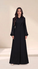 The Sawsan Curved Wrap Collar Abaya, in Black, front view