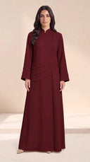 The Shaden Asymmetric Frog Closure Abaya, in Burgundy, front view