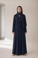 The Shahad 3D Leaf Appliqué Abaya, in Navy, front view