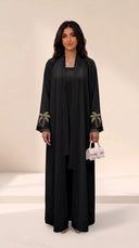The Shaikha Linen Blend Abaya with Palm Embroidered Cuff Detail - TAL by The Abaya Lab