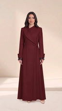 The Sharifa Shawl Collar Wrap Abaya, in Burgundy, front view
