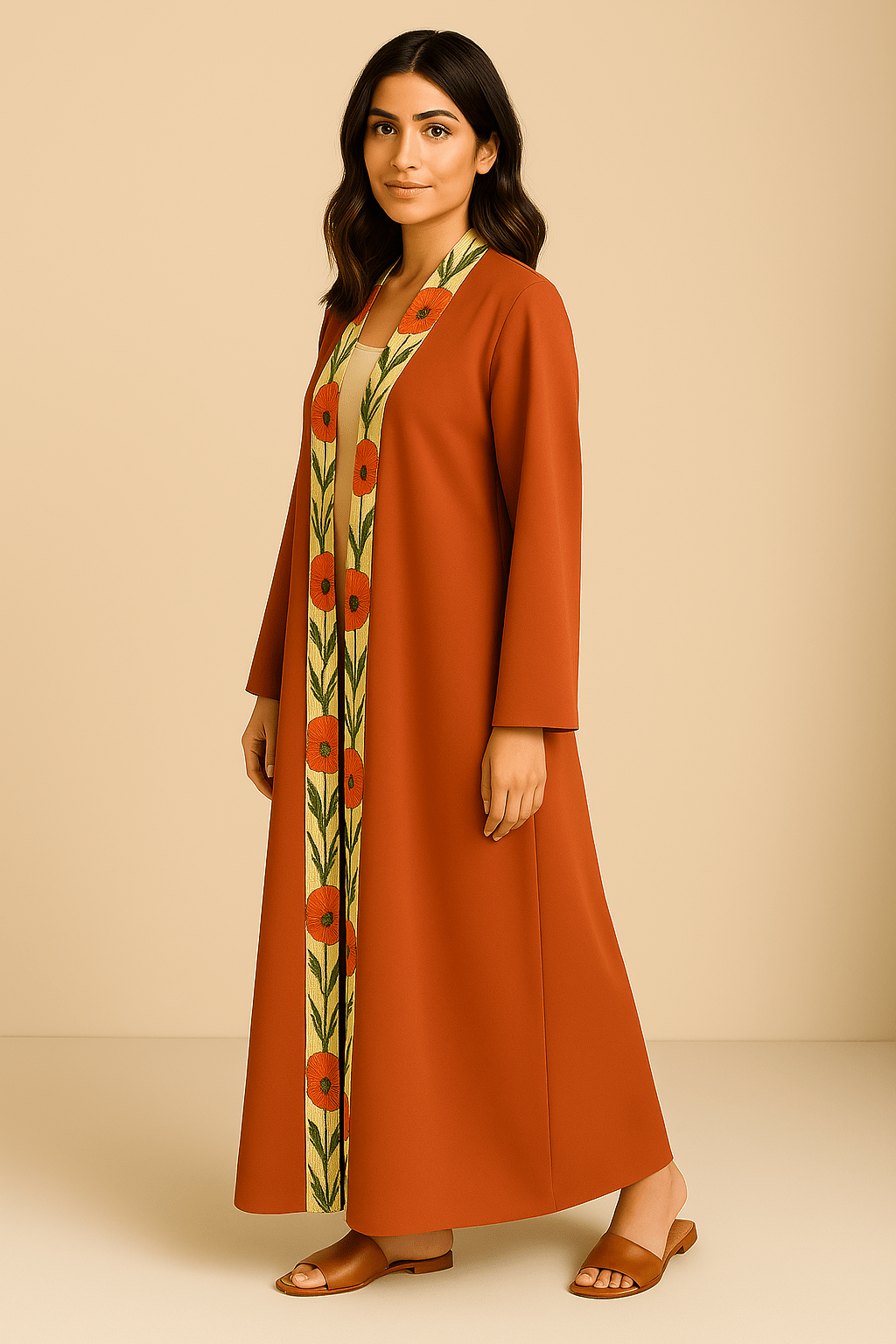 The Zahra Printed Inseam Abaya – Rust Bloom Edition - The Abaya Lab
