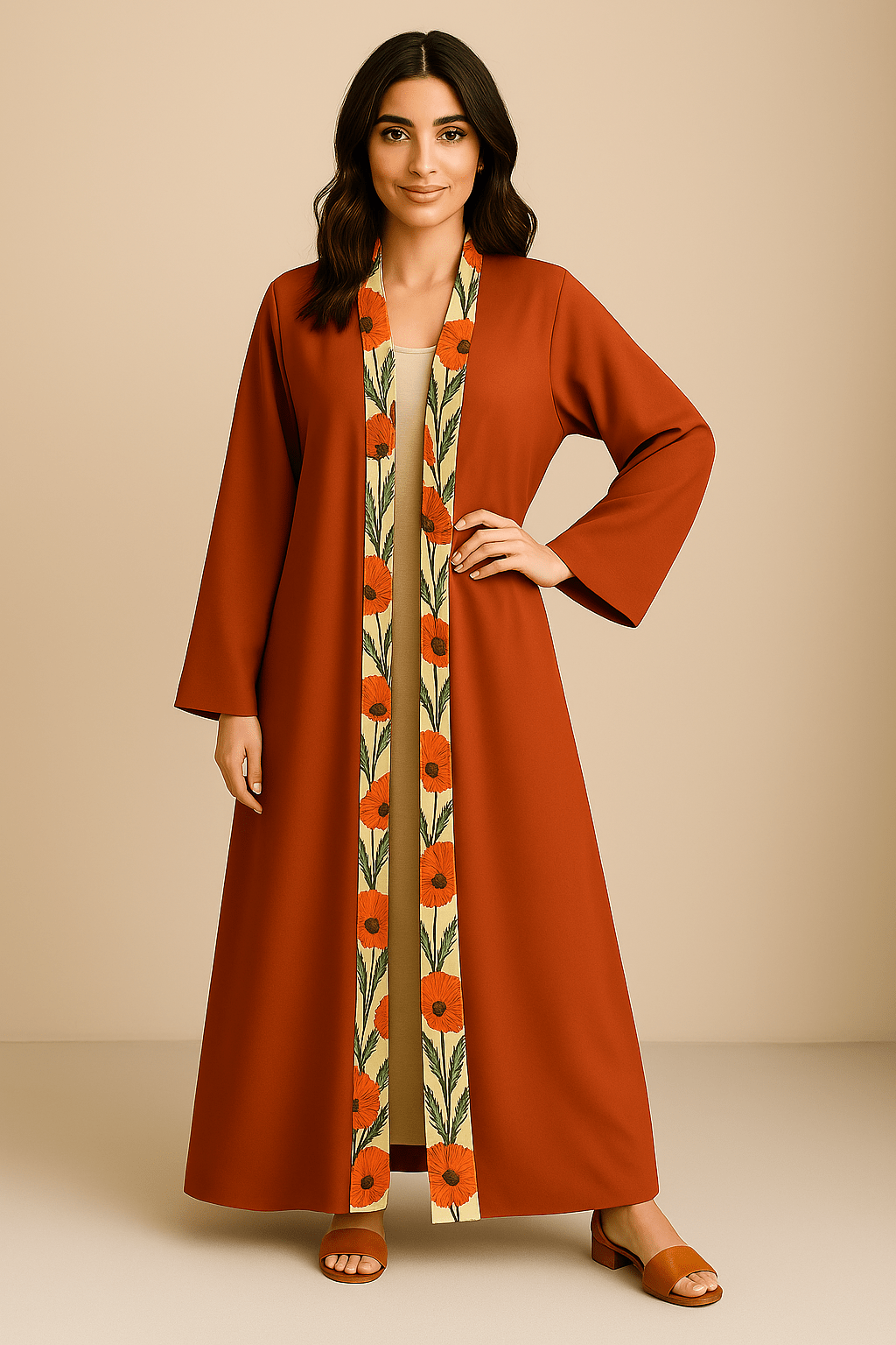The Zahra Printed Inseam Abaya – Rust Bloom Edition - The Abaya Lab