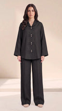 The Zakiya Pearl Frog Fastening Set, in Black, front view