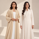 Two models wearing an open beige abaya over a white inner dress and a closed ivory abaya dress, illustrating the difference between abaya styles.