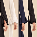 Close-up of four abaya sleeve styles featuring petal sleeves, layered bell cuffs, buttoned flared cuffs, and lace-trim cuffs.