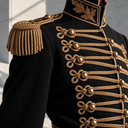 Close-up of a black military hussar uniform with gold braided frog closures, structured collar and epaulette detailing.