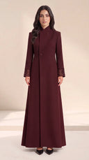 The Nouran Lattice Cutout Cuff Abaya, in Burgundy, front view