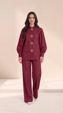 The Kaltham Pearl Flower Button Set, in Burgundy, front view