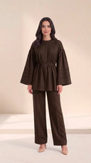 The Maysoon Pintuck Tie Waist Set, in Mocha Brown, front view