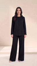 The Balqees Covered Button Front Set, in Black, front view