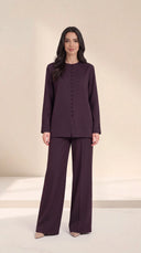 The Balqees Covered Button Front Set, in Dark Purple, front view