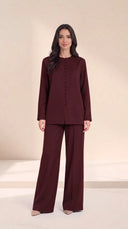 The Balqees Covered Button Front Set, in Burgundy, front view