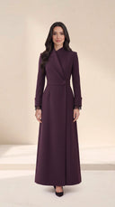 The Areen Asymmetric Lapel Wrap Abaya, in Dark Purple, front view
