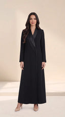 The Fatin Fringed Shawl Lapel Abaya, in Black, front view