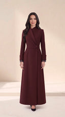 The Areen Asymmetric Lapel Wrap Abaya, in Burgundy, front view