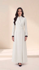 The Areen Asymmetric Lapel Wrap Abaya, in Off White, front view