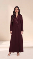 The Fatin Fringed Shawl Lapel Abaya, in Burgundy, front view