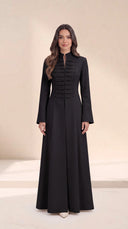 The Najat Military Pleat Front Abaya, in Black, front view