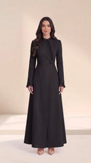 The Rummana Sheer Ruffle Trim Abaya with Buttoned Waist Tabs