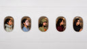 Five women are shown in profile looking out of separate oval windows on a white airplane wall.